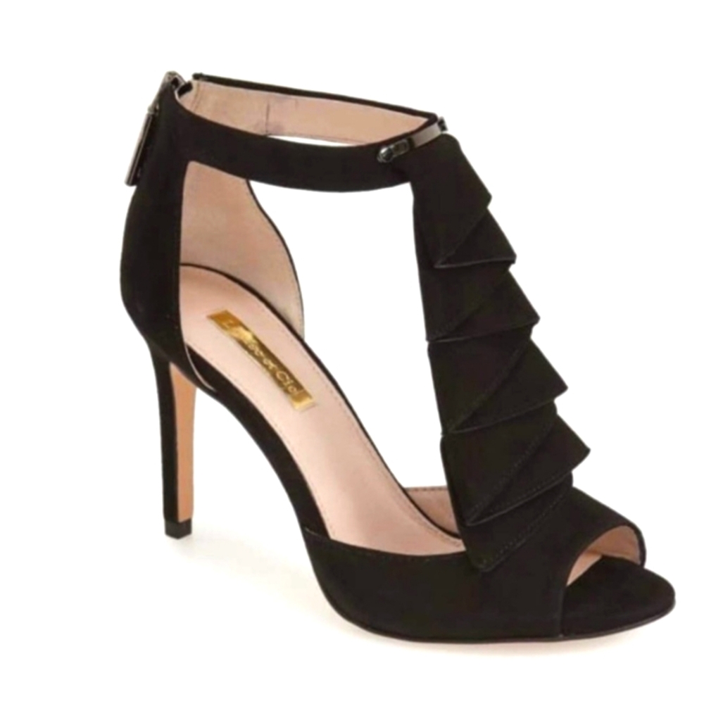 Louise et Cie Mahala Black Suede Ruffle Heels Size 8.5